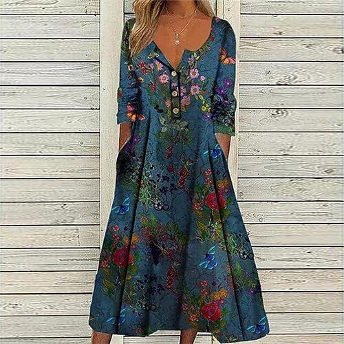 

Women's Casual Dress Swing Dress Midi Dress Blue Half Sleeve Floral Button Spring Summer Crew Neck Loose Fit 2022 S M L XL XXL