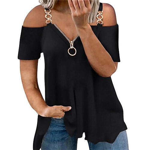 

Women's Plus Size Curve Tops T shirt Tee Plain Cut Out Zipper Short Sleeve One Shoulder Basic Sexy Daily Going out Polyester Spring Summer White Black