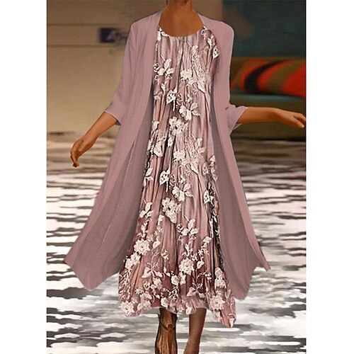 

Women's A Line Dress Midi Dress Pink Light Green 3/4 Length Sleeve Floral Chiffon Print Spring Summer Crew Neck Stylish Work Casual 2022 S M L XL XXL