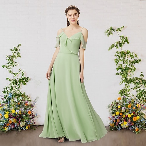 

A-Line Bridesmaid Dress V Neck Sleeveless Sexy Floor Length Chiffon with Ruffles 2022 / Open Back