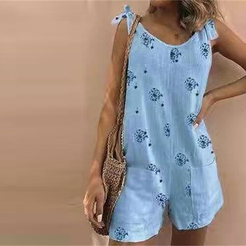 

Combishort Femme Poche Imprimer Floral Col Ras du Cou Vêtement de rue Plein Air du quotidien Standard Sans Manches Bleu S Printemps