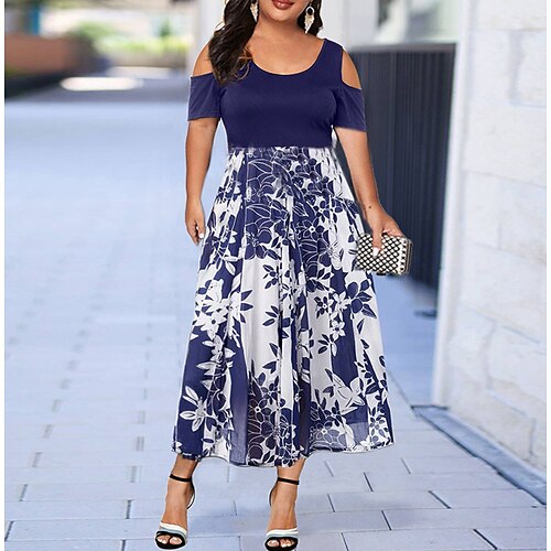 

Women's Plus Size Casual Dress Floral Crew Neck Print Short Sleeve Spring Summer Casual Maxi long Dress Work Daily Dress