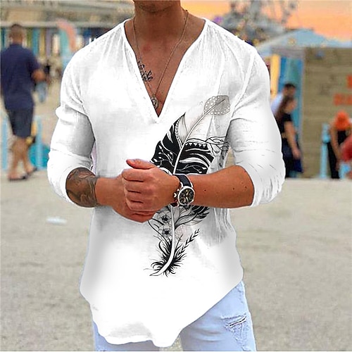 

Homens Camisa Social Camisa Gráfica Pena Decote V Branco Impressão 3D Ao ar livre Casual Manga Longa Impressão 3D Roupa Moda Designer Casual Confortável / Esportes