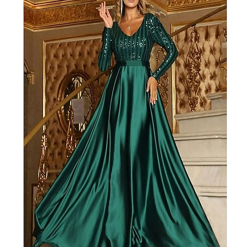 

vestido de festa formal feminino vestido de cetim maxi vestido verde caqui prata bege preto manga longa cor pura lantejoulas inverno decote em V estiloso elegante casamento vestido de outono 2023 m l