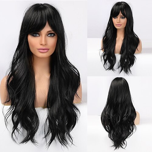 

lange svarte parykker cosplay body wave syntetiske parykker med pannelugg for hvite/svarte kvinner brasiliansk amerikansk naturlig hår