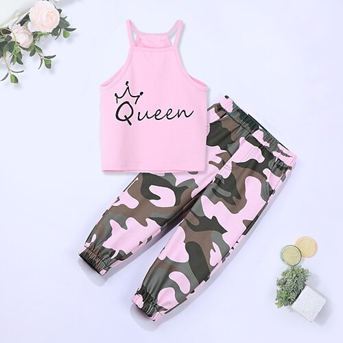 

2 Pieces Kids Girls' Tank & Pants Clothing Set Outfit Letter Camo Sleeveless Print Cotton Set Outdoor Cute Sweet Fall Spring 2-6 Years Pink Yellow