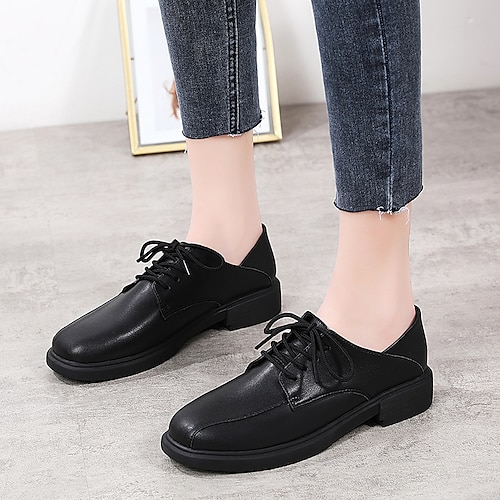 

Women's Oxfords Work Daily Chunky Heel Round Toe Casual Minimalism PU Leather Lace-up Solid Colored Black
