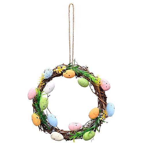 

Artificial Easter Wreath with Pastel Eggs and Mixed Twigs Spring Bunny Wreath for Front Door with Green Bow for Home and Wall Decorations