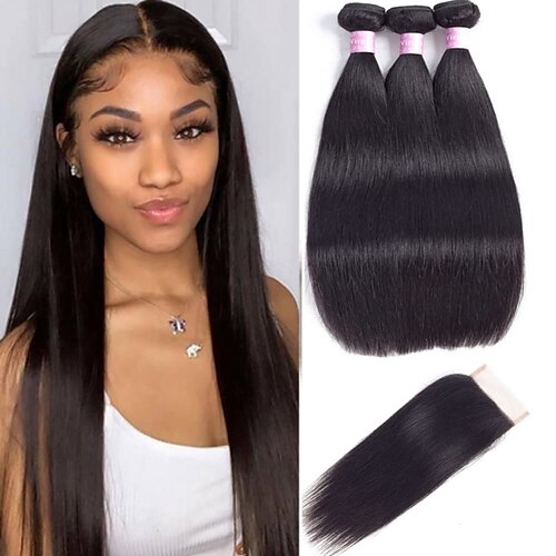 

3 Bundles with Closure Hair Weaves Brazilian Hair Body Wave Straight Deep Wave Human Hair Extensions Remy Human Hair Natural Color Hair Weaves / Hair Bulk 10-24 inch Natural Soft Classic Easy to Carry