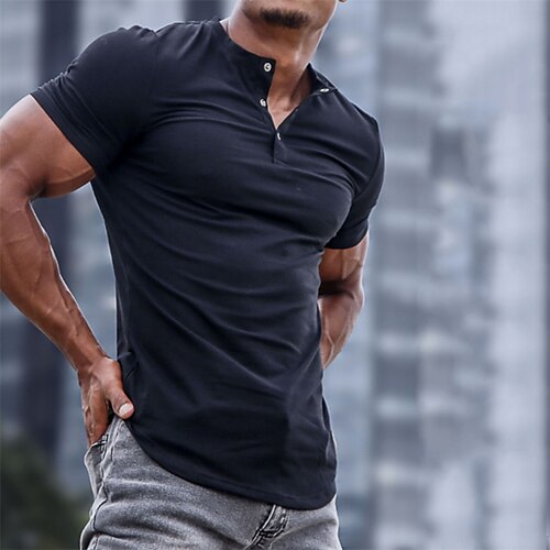 

Men's T shirt Tee Solid Color Standing Collar Black Casual Daily Short Sleeve Button-Down Clothing Apparel Cotton Sports Fashion Lightweight Big and Tall / Summer