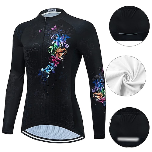 

21Grams Women's Cycling Jersey Long Sleeve Bike Top with 3 Rear Pockets Mountain Bike MTB Road Bike Cycling Breathable Quick Dry Moisture Wicking Reflective Strips Black Green Red Floral Botanical