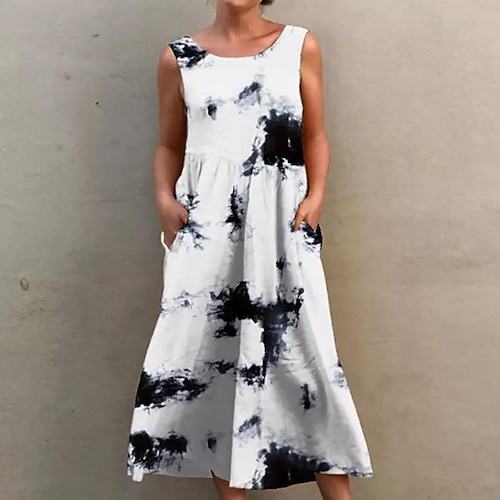 

Women's Casual Dress Midi Dress Black Blue Pink Sleeveless Tie Dye Print Spring Summer Crew Neck 2022 S M L XL XXL