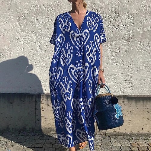 

Damen Casual kleid kleid lang Blau Kurzarm Bedruckt Bedruckt Frühling Sommer V Ausschnitt Casual Lockere Passform 2023 S M L XL XXL 3XL