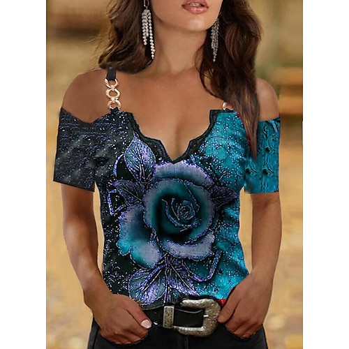 

Women's T shirt Tee Green Blue Red Rose Flower Lace Trims Cold Shoulder Short Sleeve Casual Holiday Basic V Neck Regular Floral Painting S / 3D Print / Print