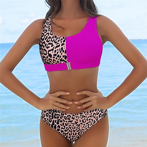 

Mulheres Roupa de Banho Biquíni 2 partes Normal roupa de banho Sem costas Zíper Estampado Leopardo Preto Amarelo Fúcsia Azul Royal Laranja Malha Íntima Decote em U Fatos de banho Sensual Férias Moda