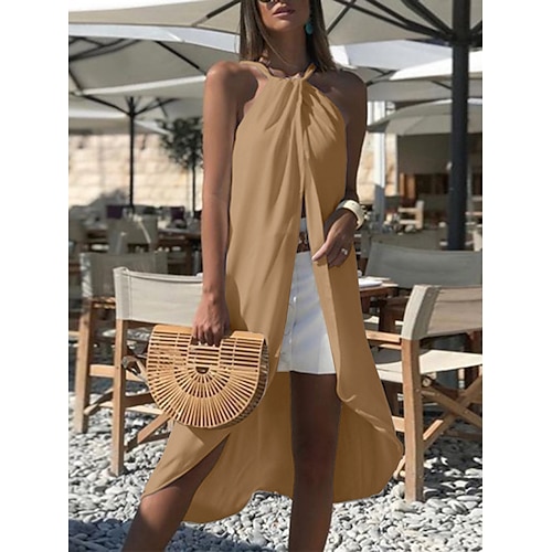 

Women's T shirt Dress Tank Top Yellow Khaki Plain Asymmetric Sleeveless Holiday Weekend Streetwear Casual Round Neck Long S