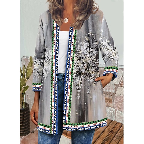 

Women's Jacket Casual Jacket Outdoor Daily Holiday Spring Summer Regular Coat Regular Fit Breathable Streetwear Casual Jacket Long Sleeve Floral Pocket Print Gray
