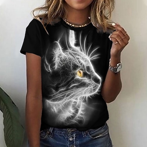 

Mujer Camiseta Negro Gato 3D Estampado Manga Corta Casual Fin de semana Básico Escote Redondo Regular Gato 3D Pintura S