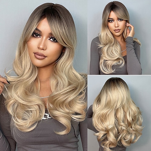 

parrucche sintetiche per donna capelli lunghi ondulati marrone chiaro mix parrucche bionde dorate con frangia laterale per donne bianche/nere