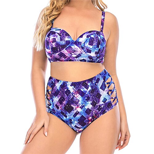 

Mulheres Roupa de Banho Biquíni 2 partes Tamanho Grande roupa de banho Sem costas Estampado para bustos grandes Galáxia Roxo Underwire Com Alças Fatos de banho Sensual Férias Moda / Moderno / novo