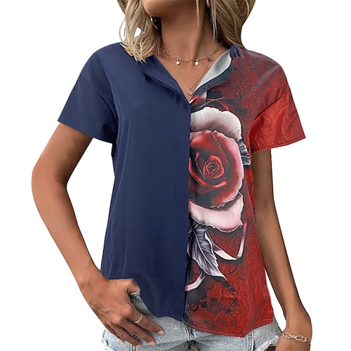 

Women's Blouse Shirt Green Blue Purple Floral Color Block Print Short Sleeve Casual Casual Shirt Collar Regular Floral S