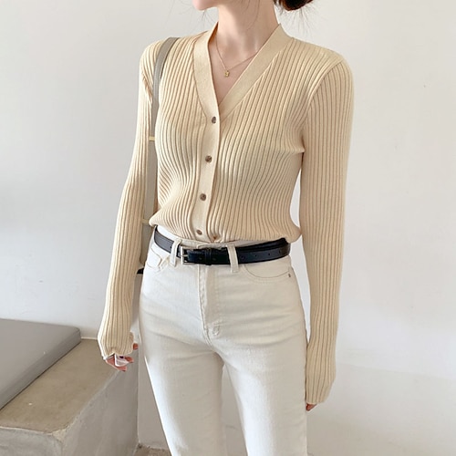 

Women's Cardigan Knitted Button Pure Color Stylish Casual Soft Long Sleeve Sweater Cardigans V Neck Spring Summer White Black Gray