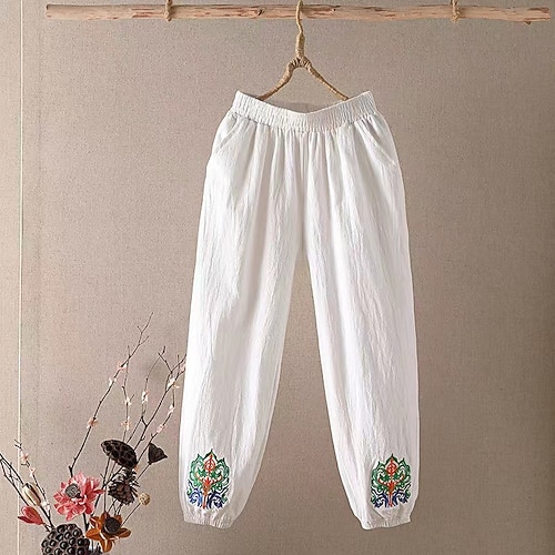 

Women's Plus Size Pants Chinos Embroidered Pleated Pocket Print Streetwear Chino Casual Daily High Full Length Fall Spring White Black Yellow L XL XXL 3XL 4XL / Cotton