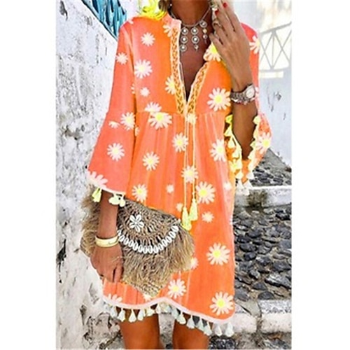 

Dame Blomster kjole Boho-kjole Mini kjole Lyserød Lilla Orange 3/4-ærmer Blomstret Kvast Forår Sommer V-hals Årgang Daglig Ferierejse Sommerkjole 2023 S M L XL XXL 3XL