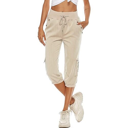 

Women's Summer Elastic Waistband Drawstring Capri Pants With Pockets Quick Dry Lightweight Breathable Bottoms