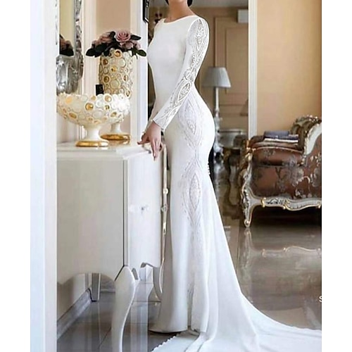 

Mermaid / Trumpet Wedding Dresses Jewel Neck Court Train Lace Italy Satin Long Sleeve Romantic Vintage with Appliques 2022