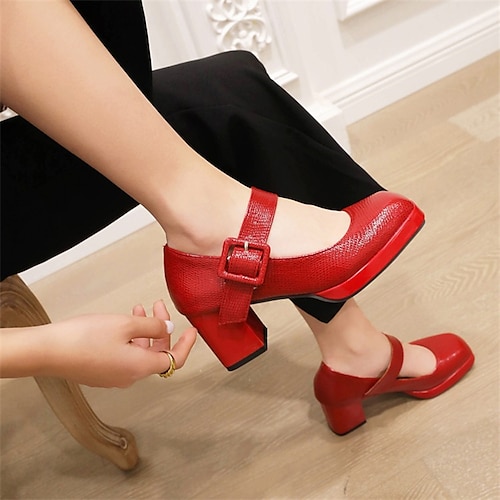 

Femme Chaussures à Talons du quotidien Eté Talon Bottier Bout carré Minimalisme Cuir PU Boucle Couleur Pleine Noir Blanche Rouge