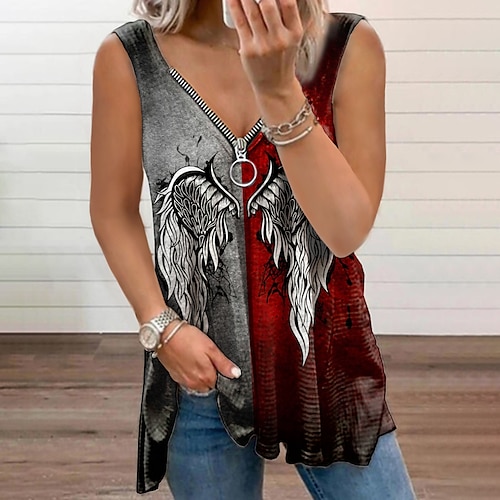 

Women's Tank Top Vest Red Fuchsia Green Graphic Color Block Flowing tunic Quarter Zip Sleeveless Daily Weekend Streetwear Casual V Neck Regular S