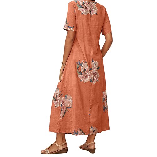

vestido casual feminino vestido longo maxi vestido rosa amarelo cinza manga curta estampa floral primavera verão decote em v linho s m l xl xxl