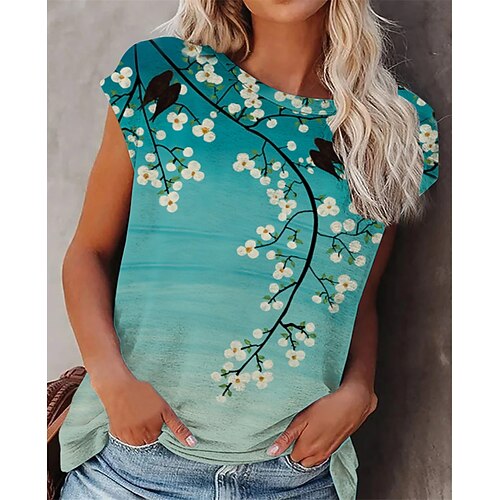 

Women's T shirt Tee Green Tree Bird Print Short Sleeve Casual Daily Round Neck Regular S / 3D Print