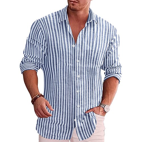 

Men's Shirt Striped Plus Size Turndown Casual Daily Long Sleeve Tops Comfortable Summer Shirts Elegant Vintage Blue Gray