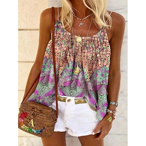 

Women's Camisole Pink Leaf Floral Patchwork Print Sleeveless Casual Daily Tropical Bohemian Style Casual U Neck Regular Floral Bohemian Theme Geometric S / 3D Print