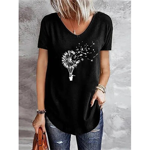 

Women's T shirt Tee Black Blue Green Dandelion Print Short Sleeve Casual Daily Basic V Neck Regular Floral S