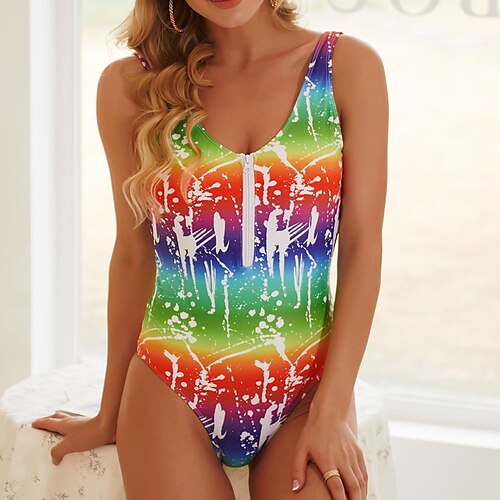 

Mulheres Roupa de Banho Uma pedaço Monoquíni Fatos de banho Normal roupa de banho Compressão abdominal Sem costas Zíper Estampado Bloco de cor Tintura Tie Dye Verde Branco Preto Acolchoado Decote em U