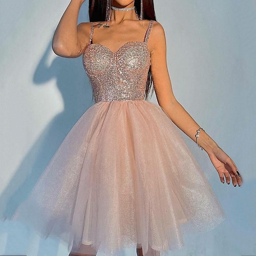 

Ball Gown A-Line Sparkle & Shine Puffy Cocktail Party Prom Dress Spaghetti Strap Short Sleeve Knee Length Tulle with Sequin Tier 2022