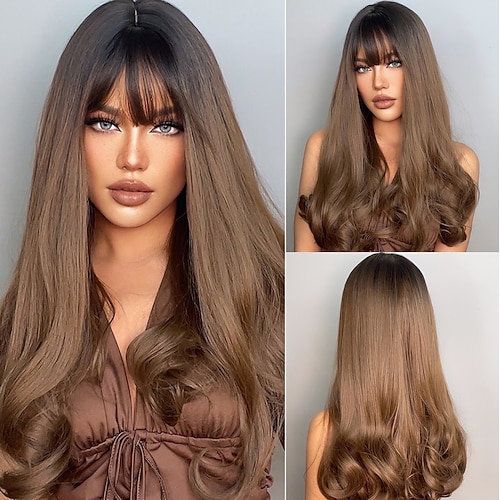 

Synthetic Wig Natural Wave With Bangs Machine Made Wig 26 inch Dark Brown Synthetic Hair Women's Soft Fashion Fluffy Brown / Daily Wear