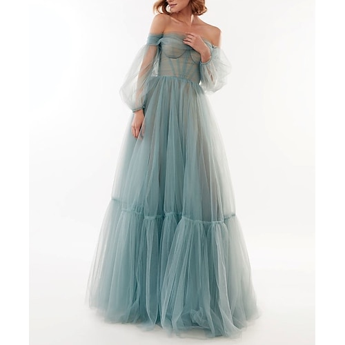 

Linea-A Elegante Sensuale Invitati del matrimonio Graduazione Vestito Senza spalline Manica lunga Lungo Tulle con Fiocco (fiocchi) A pieghe 2022