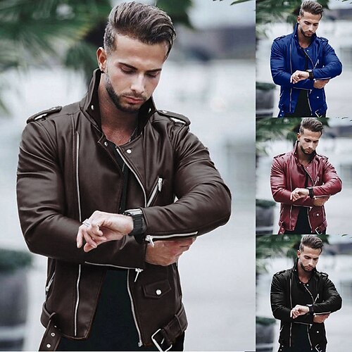 

Men's Jacket Faux Leather Jacket Biker Jacket Motorcycle Jacket Waterproof Daily Zipper Turndown Casual Jacket Outerwear Solid Color Oversized Black Wine Blue