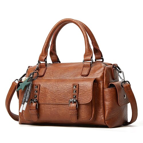 

Women's Top Handle Bag PU Leather Buttons Zipper Plain Geometric Shopping Daily Blue Black Wine Brown