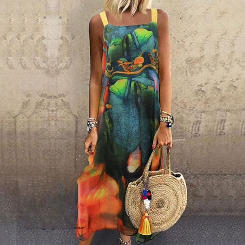 

Women's Shift Dress Midi Dress Green Sleeveless Print Print Spring Summer Square Neck Casual Vacation 2022 M L XL XXL 3XL 4XL 5XL
