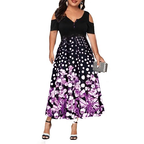 

Women's Plus Size Holiday Dress Floral V Neck Print Short Sleeve Spring Summer Casual Maxi long Dress Daily Holiday Dress