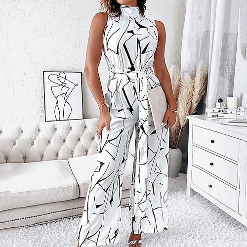 

Women's Jumpsuit Print Geometric Stand Collar Streetwear Street Daily Regular Fit Sleeveless White S M L Spring