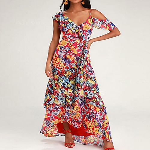 

Women's Casual Dress Swing Dress Long Dress Maxi Dress Red Short Sleeve Floral Print Spring Summer V Neck Loose Fit 2023 S M L XL XXL 3XL 4XL