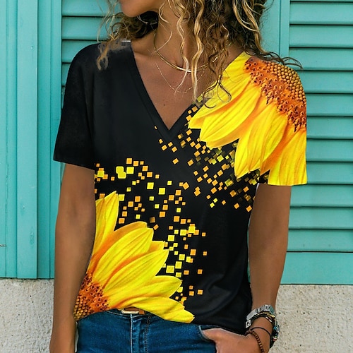 

Women's T shirt Tee Purple Yellow Red Floral Print Short Sleeve Casual Holiday Basic V Neck Regular Floral Painting S