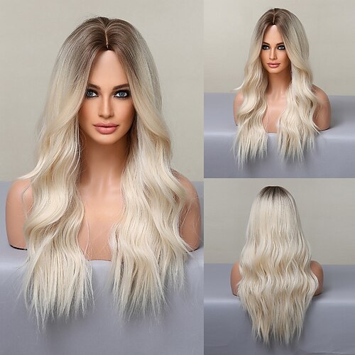 

Synthetic Light Blonde Wigs for White Women Long Wave Wig Platinum Fake Hair for Party/Daily Heat Resistant Fibre