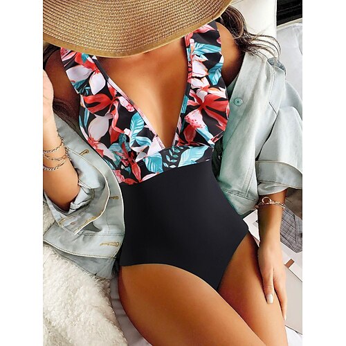 

Women's One Piece Swimsuit Ruffle Bodysuit Bathing Suit Floral Swimwear Green Blue Breathable Quick Dry Lightweight Sleeveless - Swimming Surfing Beach Summer / Stretchy